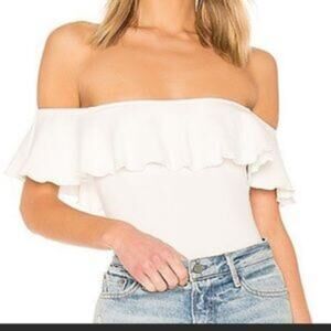 Lovers + Friends White Smith Off Shoulder Ribbed Ruffle Bodysuit XS